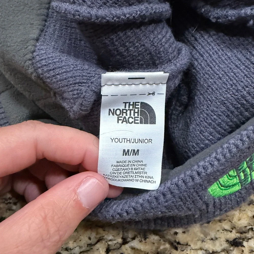 The North Face Boy Bones Beanie Grey Lime Green Logo Knit Fleece Lined Hat M
